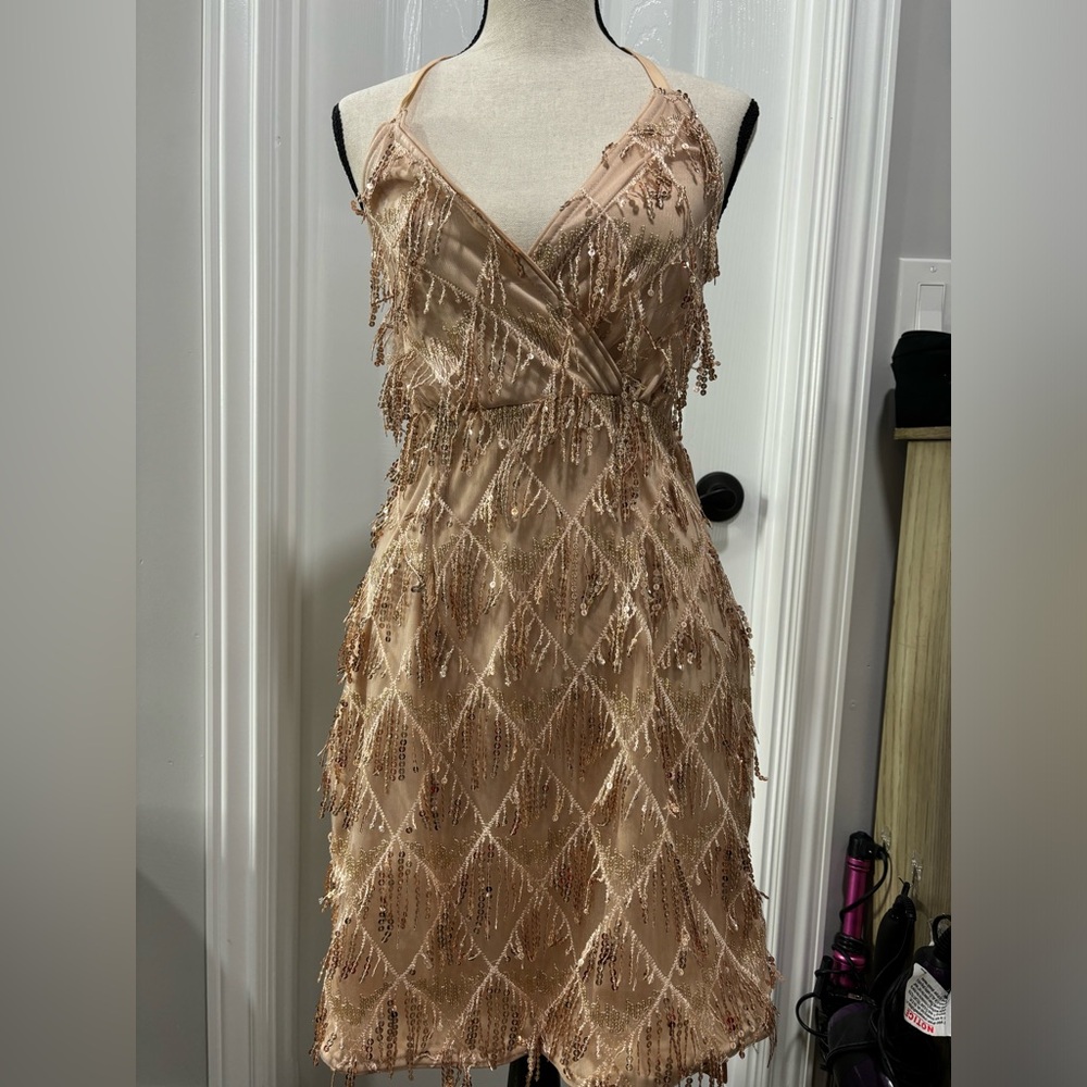 Backless fringe trim halter dress